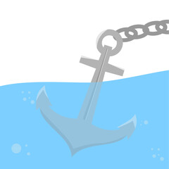 Iron anchor dropping into sea water,
splashing with bubbles on impact,
flat art design style.
