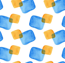 Seamless pattern with abstract watercolor square shapes. Hand painted bright geometric elements in orange and blue. Modern design for background, fabric, wallpaper, wrapping paper, digital prints
