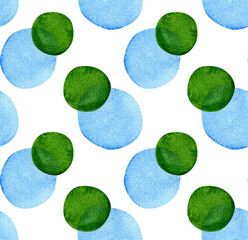Seamless pattern with abstract watercolor circle shapes. Hand painted vibrant geometric elements in green and blue. Modern design for background, fabric, wallpaper, wrapping paper, digital prints