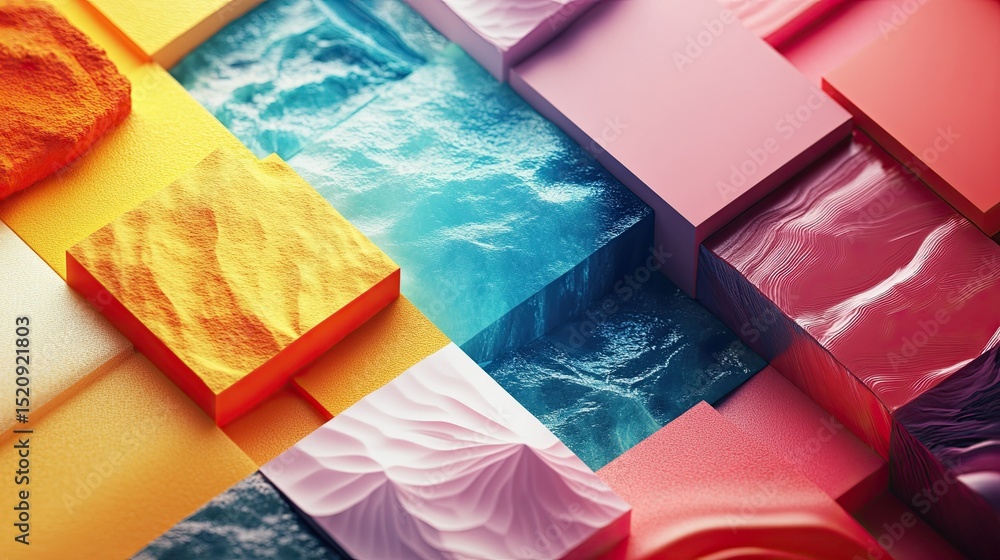 Poster abstract arrangement of colorful cubes with textured surfaces and a water like element flowing throu