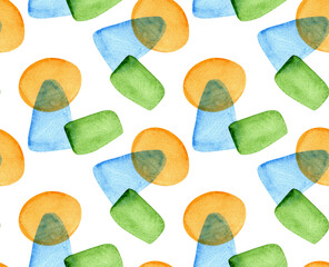 Seamless pattern with abstract watercolor shapes. Hand painted bright geometric elements in orange, blue and green. Fun modern design for kids, fabric, wallpaper, wrapping paper, digital prints