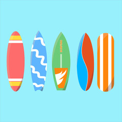 Beach surfboards with unique shapes and models,
bright and vibrant color combinations,
flat art design style.