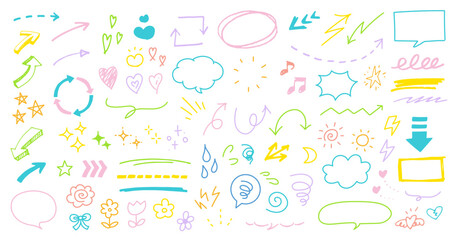 手描きの装飾セット。かわいい線画。ふきだし、矢印、星、ハートなど。ペンで描いた感情のアイコン。