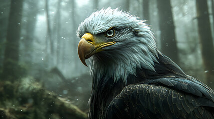 Close-up view of a majestic bald eagle in a misty forest.