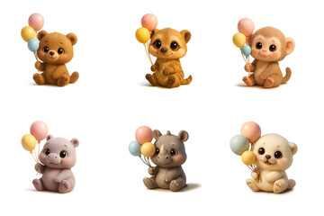 Naklejka premium Playful 3D Baby Animals with Round Balloons in Pastel Colors