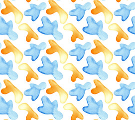 Seamless pattern with abstract watercolor shapes in blue and orange. Hand painted bright geometric elements. Modern design for background, fabric, wallpaper, wrapping paper, digital prints