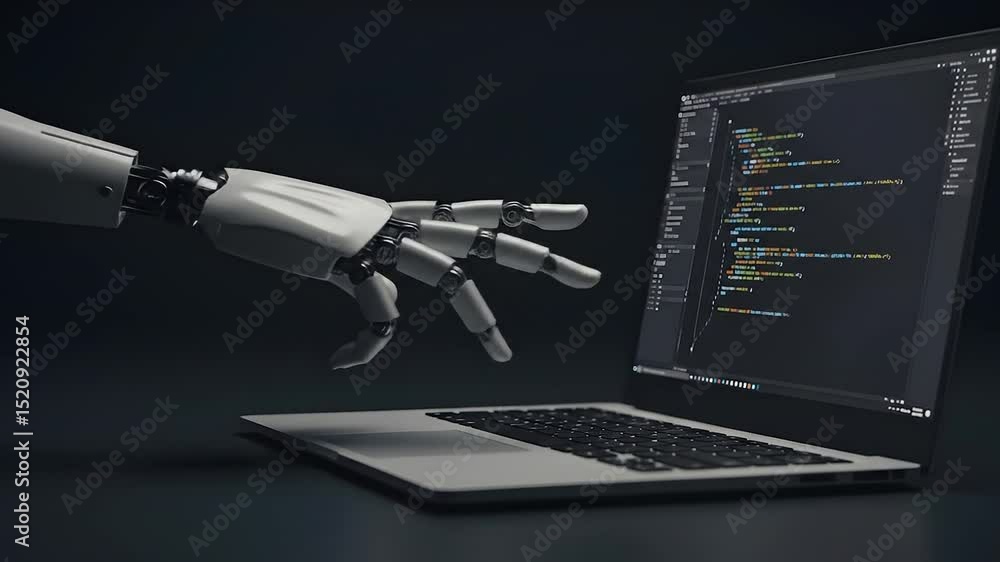 Poster robot hand interacting with laptop showing code