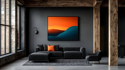 A cozy farmhouse style living room with a serene landscape artwork  long title A cozy