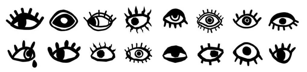 Minimalist abstract hand drawn eye doodle sketch set trend silhouette cut out figurine. Mystic retro vector illustration