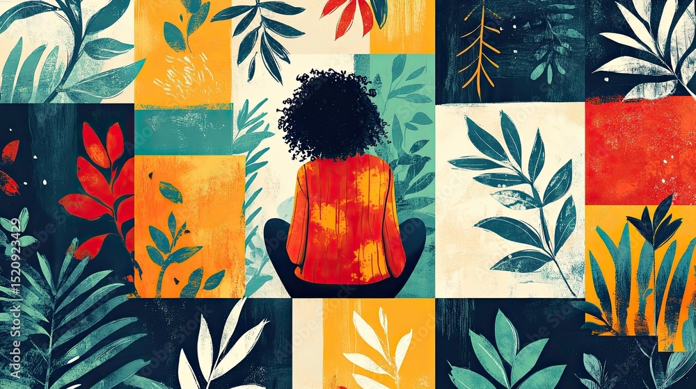 Aufkleber a woman sitting in front of a colorful botanical patchwork art style square pattern background desig