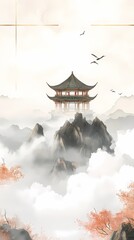 Traditional Chinese landscape painting pavilion illustration poster background
