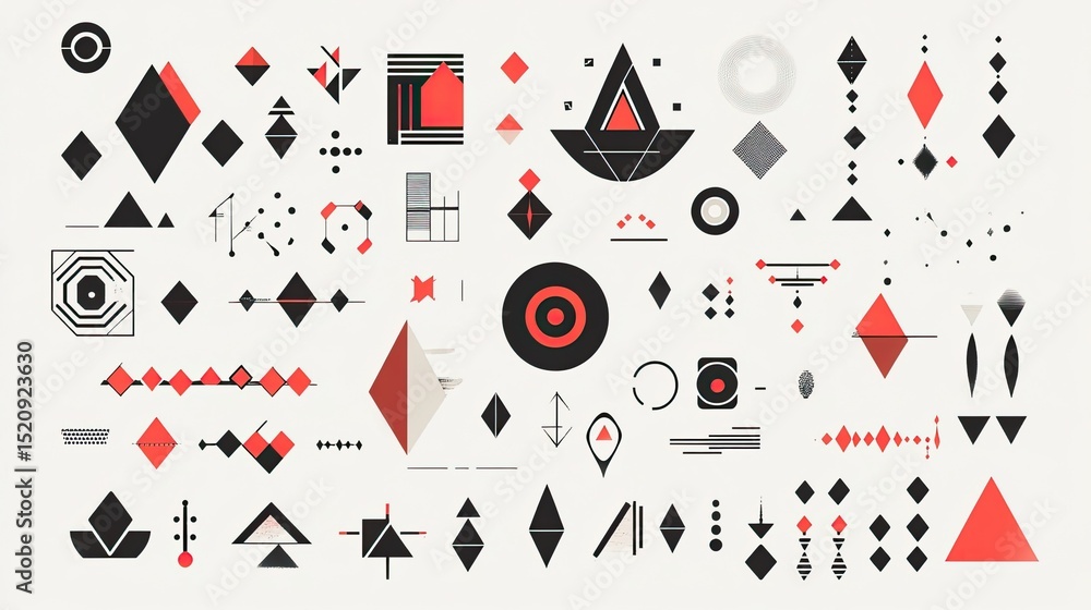 Poster collection of abstract geometric shapes in black and red on a white background display artfully