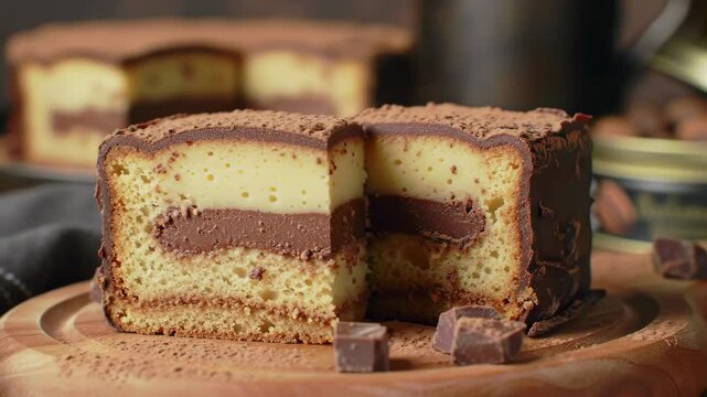 Cinematic orbit and zoom on layered chocolate custard slices with cocoa, rustic board, cozy bakery