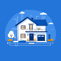 Fototapeta premium Smart Home: A smart home in blue backdrop showcases integrated network, highlighting connectivity and modernity for a futuristic, connected lifestyle.