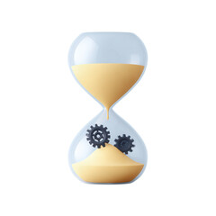 An hourglass filled with sand features two black gears embedded in the lower chamber.