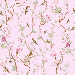 Chinoiserie floral seamless pattern with birds and flowers.