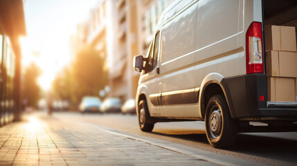Delivery van with open rear doors parked on quiet urban street in soft morning light, concept of early logistics, e-commerce transport, and urban delivery services