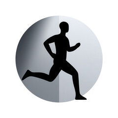A person running with one leg forward and arms bent.