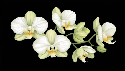 Fototapeta premium Realistic White Orchid Floral Illustration on Black Background