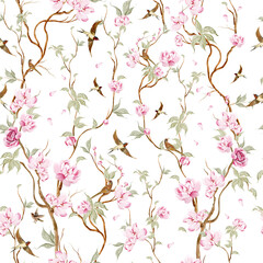 Chinoiserie floral seamless pattern with birds and flowers.