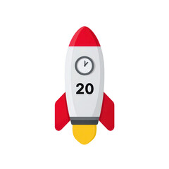 A rocket-shaped timer with the number 20 and a small clock face on its body.