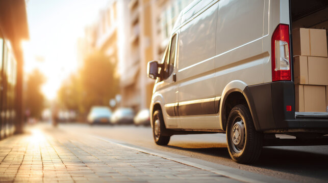 Delivery van with open rear doors parked on quiet urban street in soft morning light, concept of early logistics, e-commerce transport, and urban delivery services