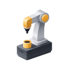 A robotic arm with a yellow and gray design mounted on a rectangular base.