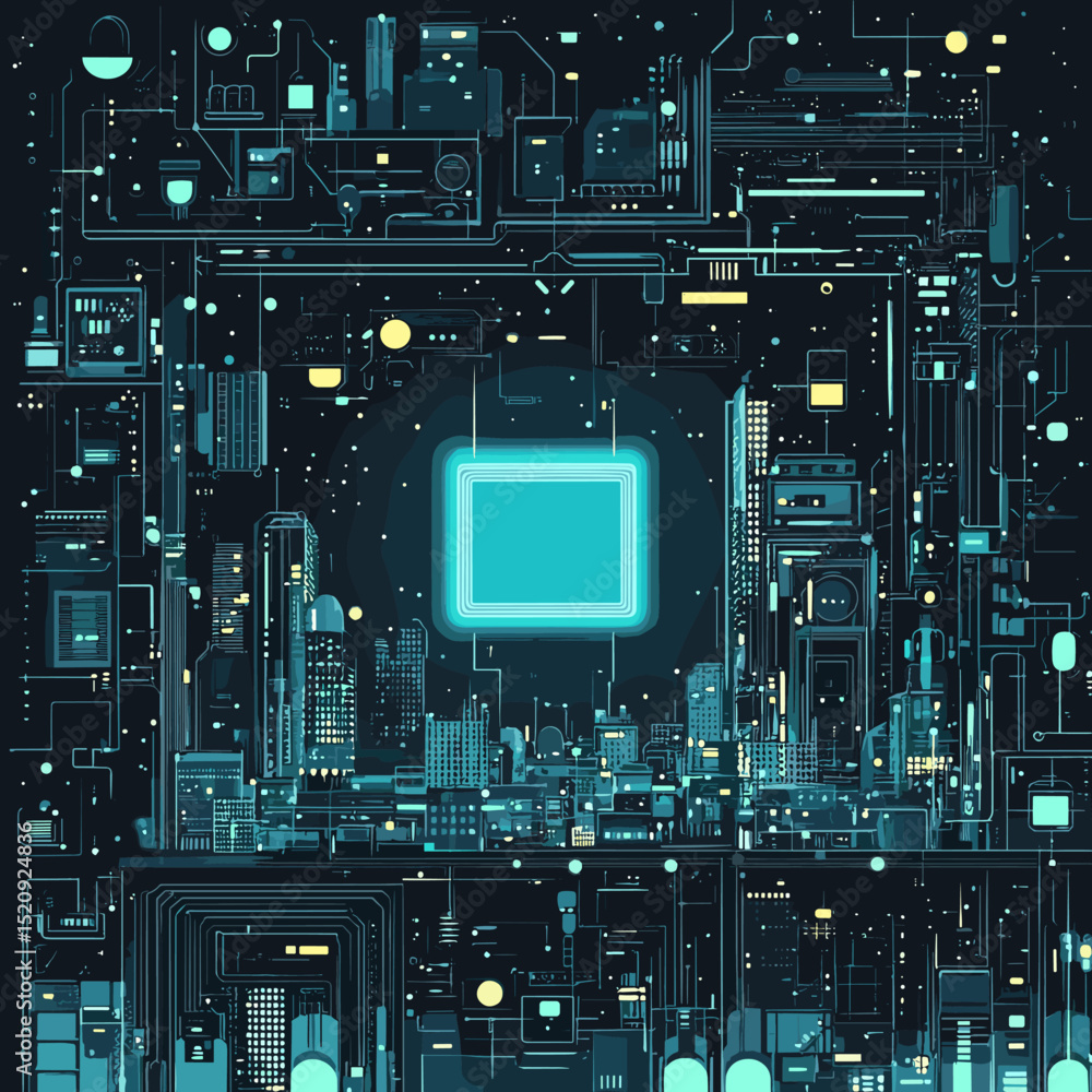 Poster cyber city: a futuristic cityscape rendered in intricate detail, illuminating the complex network of