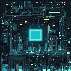 Fototapeta premium Cyber City: A futuristic cityscape rendered in intricate detail, illuminating the complex network of data flow and technological innovation. 