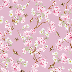 Chinoiserie floral seamless pattern with birds and flowers.