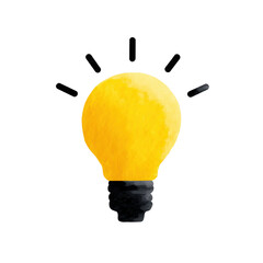 A bright yellow light bulb with artistic brush strokes and black base, radiating simple lines to suggest illumination.
