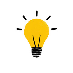 A yellow light bulb illustration with black filament and rays, symbolizing creativity and ideas.