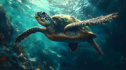 Fototapeta premium Sea turtle swimming in coral reef.
