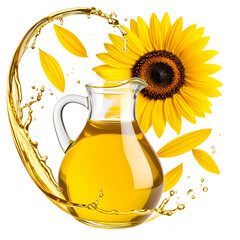 Sunflower Oil Splash Effect with Jug and Floating Petals, Artistic Concept PNG