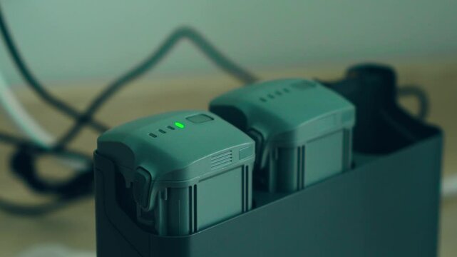 Charging station powering drone batteries. LED indicators showing charge levels in progress. Portable battery hub for aerial device preparation. Efficient recharging system for flight ready energy