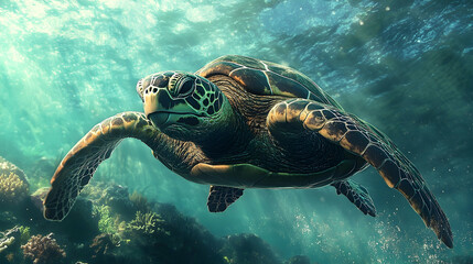 Obraz premium Sea turtle swimming in turquoise water amongst coral reefs.