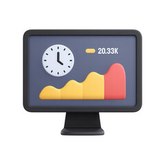 A monitor displays a clock, a numerical value, and a colorful graph with rising segments.