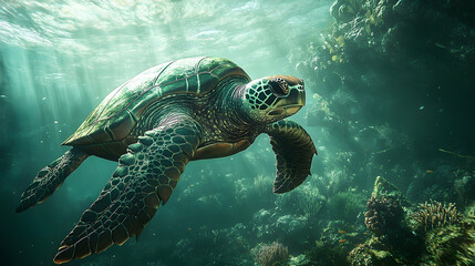 Obraz premium Green sea turtle swimming in coral reef.