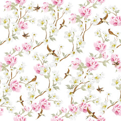 Chinoiserie floral seamless pattern with birds and flowers.