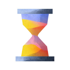 A stylized hourglass with colorful sand flowing from the upper to the lower chamber.