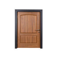 Alte hölzerne Eingangstür eines Hauses mit braunem Griff, eingerahmt von einer Wand, die ein offenes oder abgeschlossenes architektonisches Design zeigt