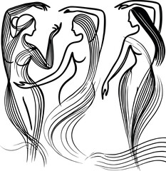 Black-and-white minimalist artwork featuring three elegant female oil drop silhouettes with flowing energy lines, symbolizing wellness, balance, and feminine harmony in a serene circular composition.
