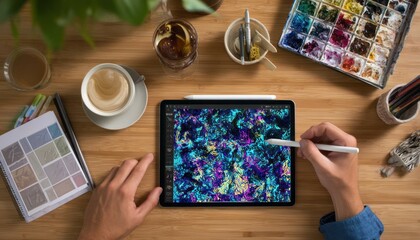 Creative professional working on a digital painting with a tablet and stylus pen