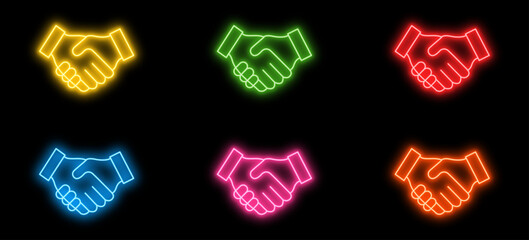 Vibrant neon handshake icons in multiple colors isolated on dark background, perfect for symbolizing modern deals, business agreement, collaboration and digital partnerships