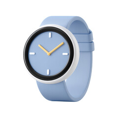 Minimalist blue wristwatch with a round face, yellow hands, and simple hour markers.