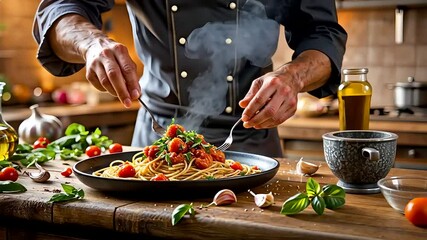 Chef Preparing Steaming Pasta Dish With Fresh Ingredients on Wooden Counter in Rustic Kitchen - Powered by Adobe