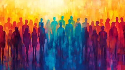 Crowd of people silhouettes in abstract painted style illustrating community diversity and social gathering with vibrant colors depicting collective identity