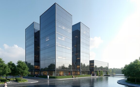 3d rendering of modern architecture, Skyscraper corporate office building with glass window. High quality