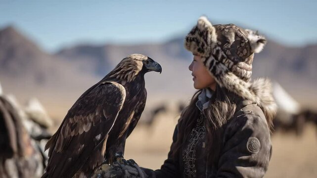 Young Mongolian eagle huntress with golden eagle
