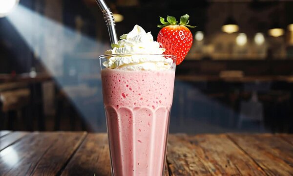 Refreshing strawberry milkshake served in a tall glass with whipped cream, set in a cozy caf&eacute;